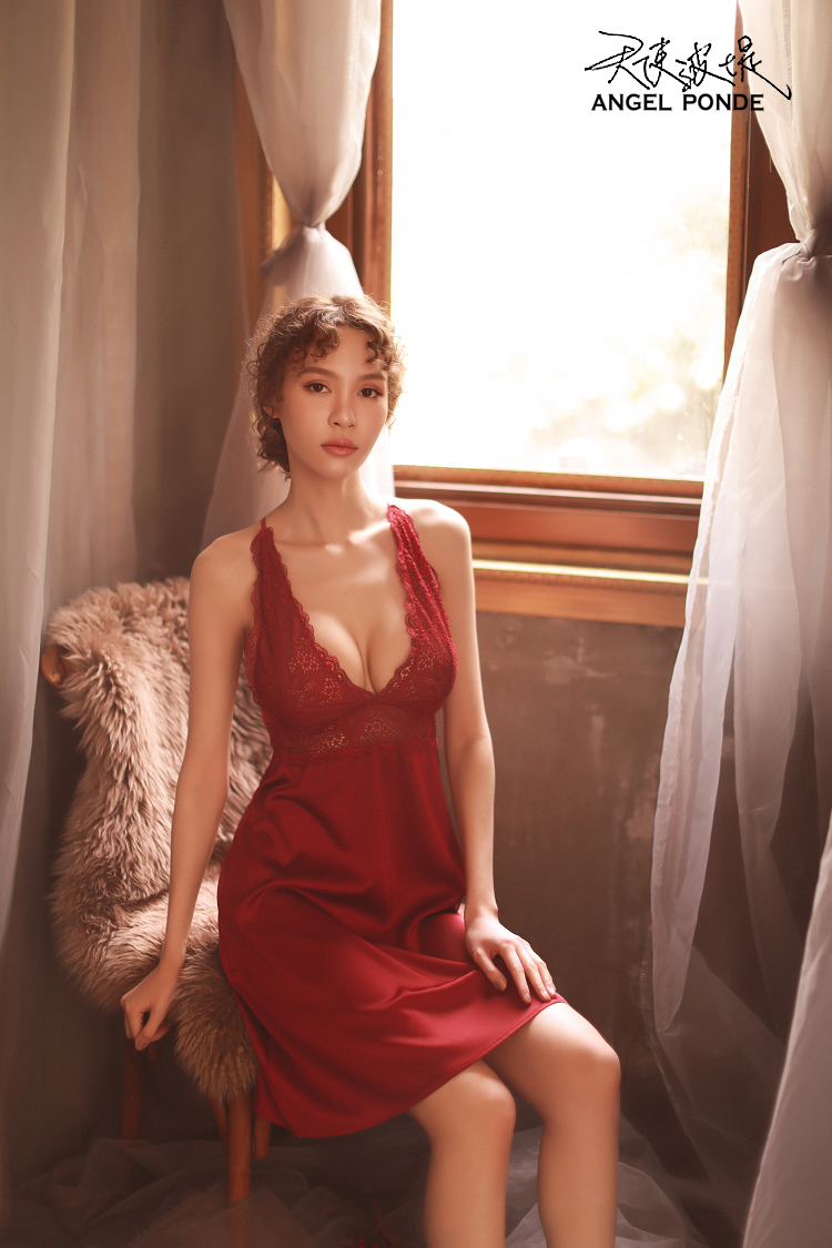 天使波堤【LD0491】歐美爆乳蕾絲情趣睡裙二件式緞面居家睡衣連身馬甲罩衫-紅色(共四色)