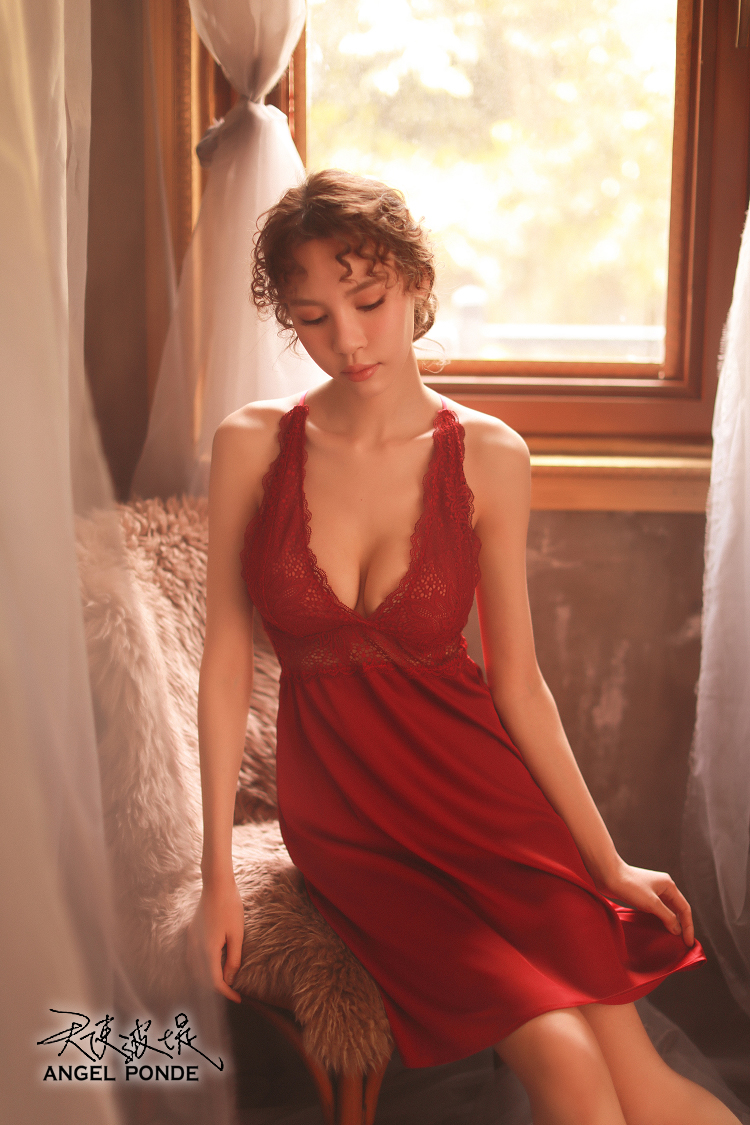天使波堤【LD0491】歐美爆乳蕾絲情趣睡裙二件式緞面居家睡衣連身馬甲罩衫-紅色(共四色)