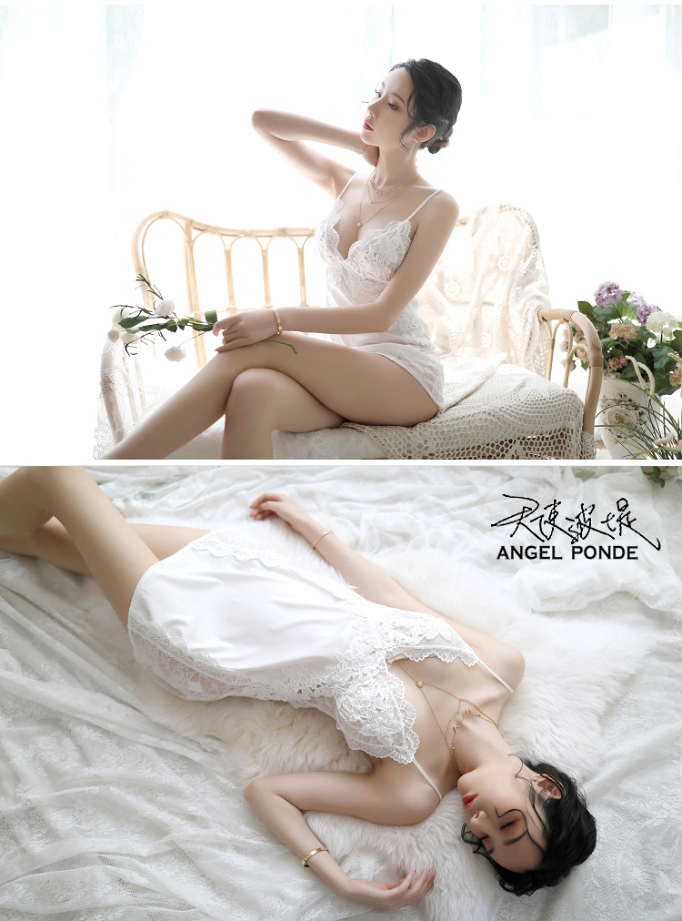 天使波堤【LD0522】深V雕花連身睡裙蕾絲罩衫居家睡衣緞面大尺碼二件式-白色黑色(共二色)