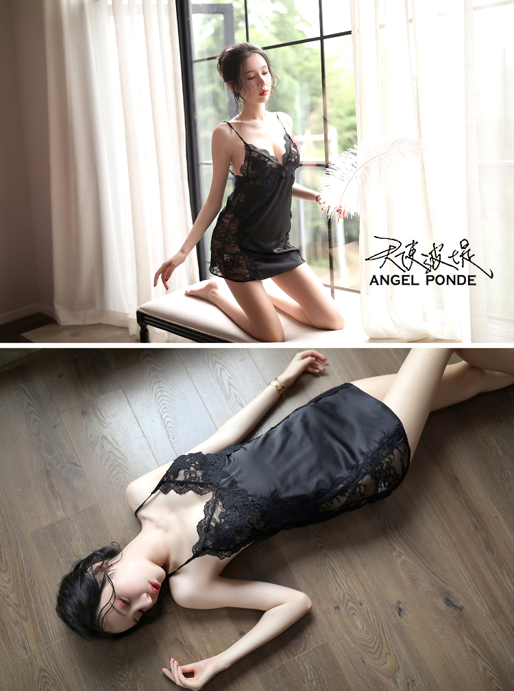 天使波堤【LD0522】深V雕花連身睡裙蕾絲罩衫居家睡衣緞面大尺碼二件式-白色黑色(共二色)